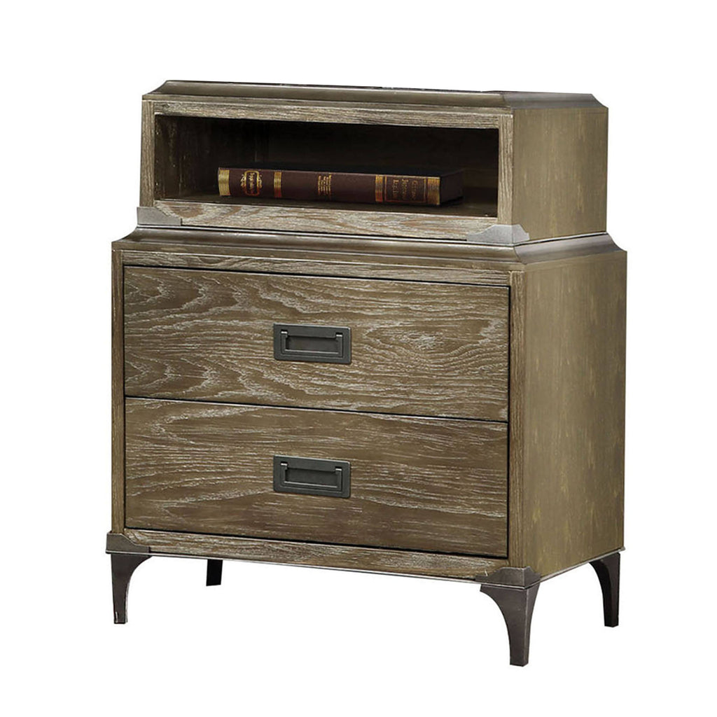 Brown 2 Drawer Wooden Nightstand with Metal Legs Y263874
