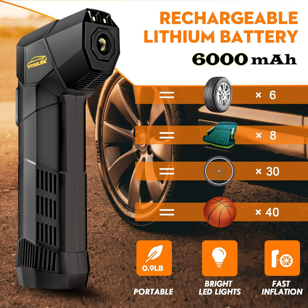 Electric Handheld Tire Inflator, 6000mAh Rechargeable Cordless Bike Pump, Portable Air Compressor with Digital Display W8766