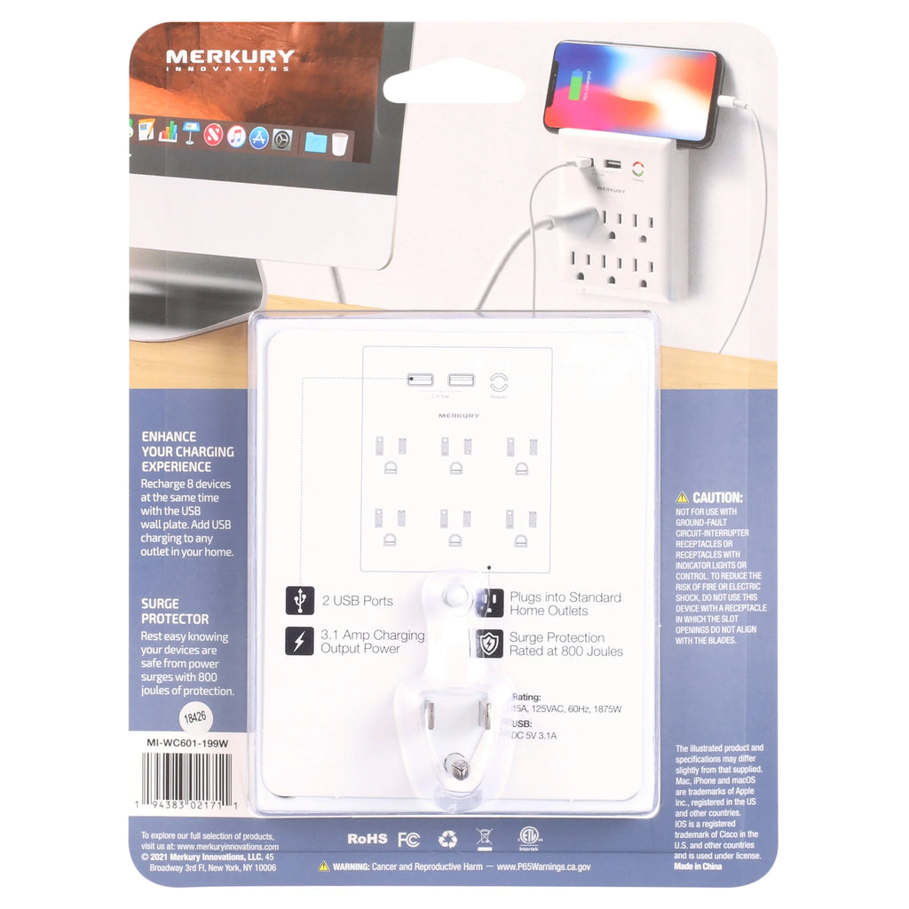 White 6-Outlet USB Wall Charger Extender with Phone Stand R90702