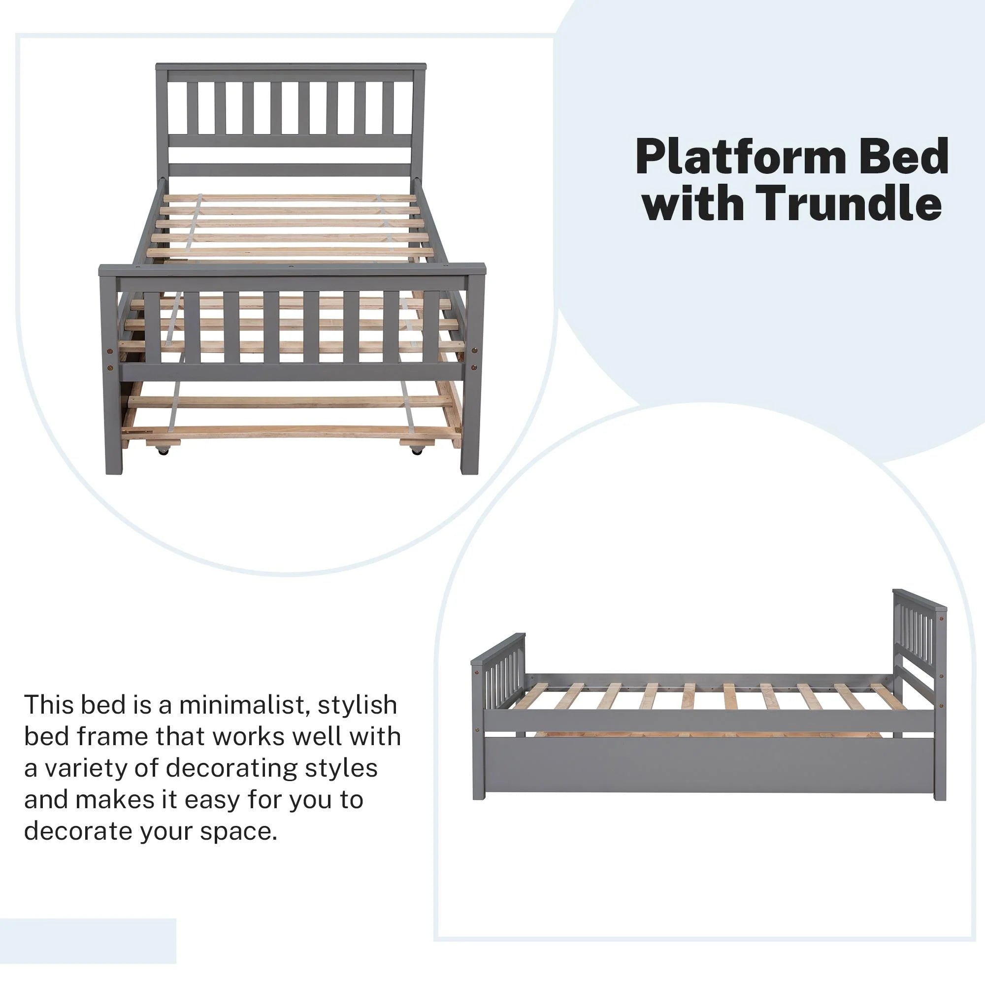 Gray Twin Size Wood Platform Bed with Trundle N3634