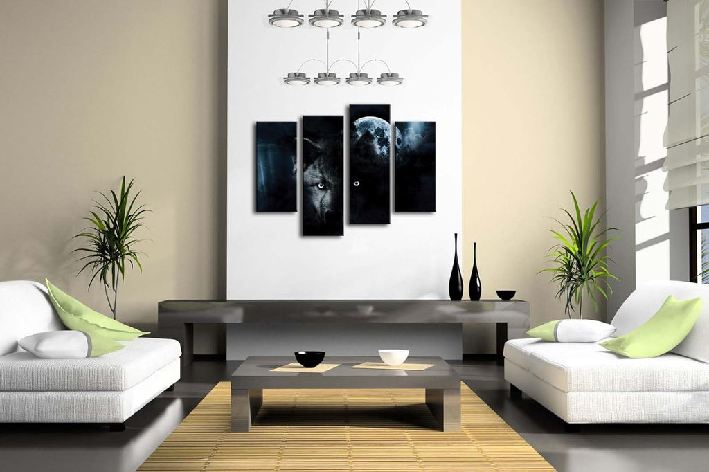 4 Panel Canvas Wall Art Black Wolf and Full Moon Painting F18313