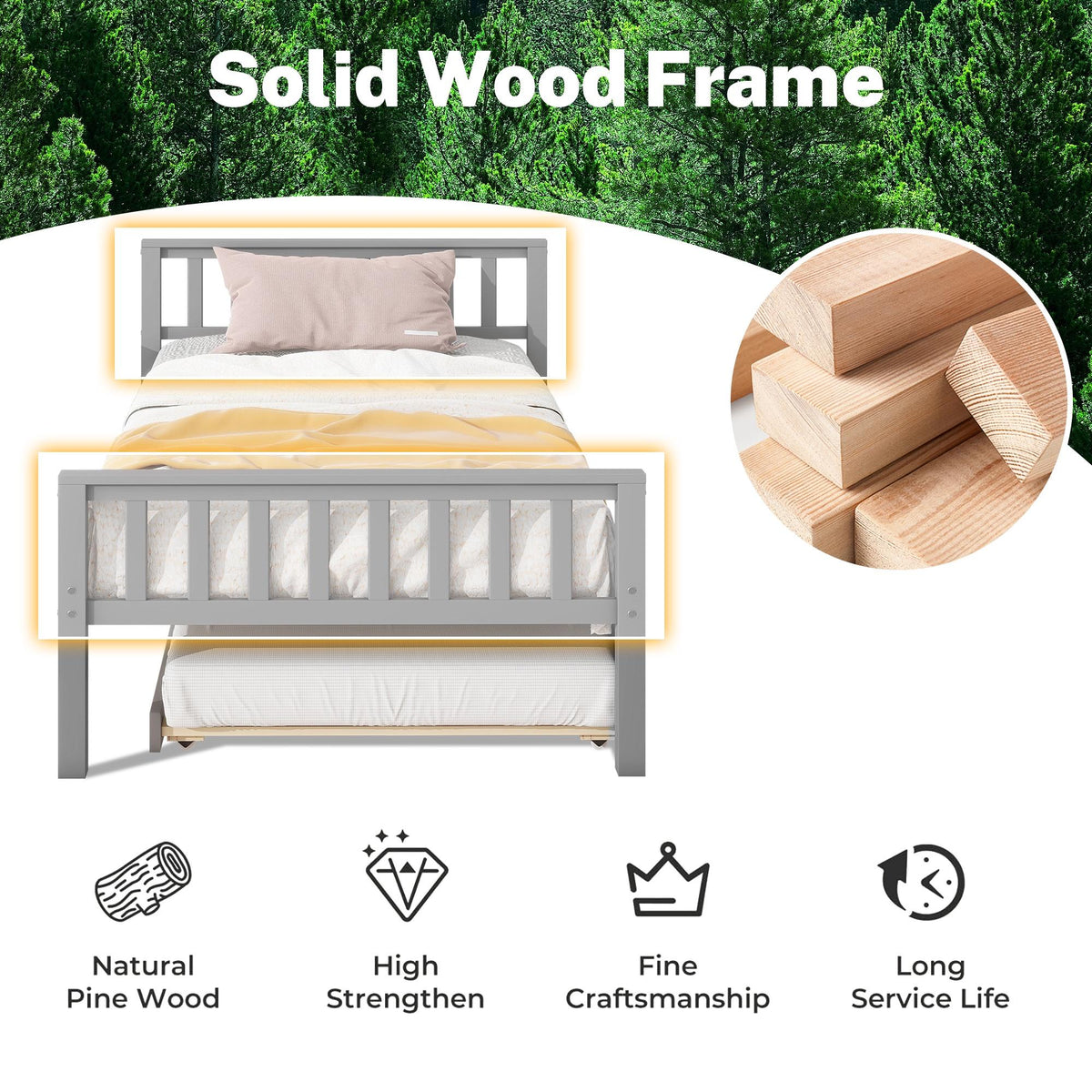 Gray Twin Size Wood Platform Bed with Trundle N3634