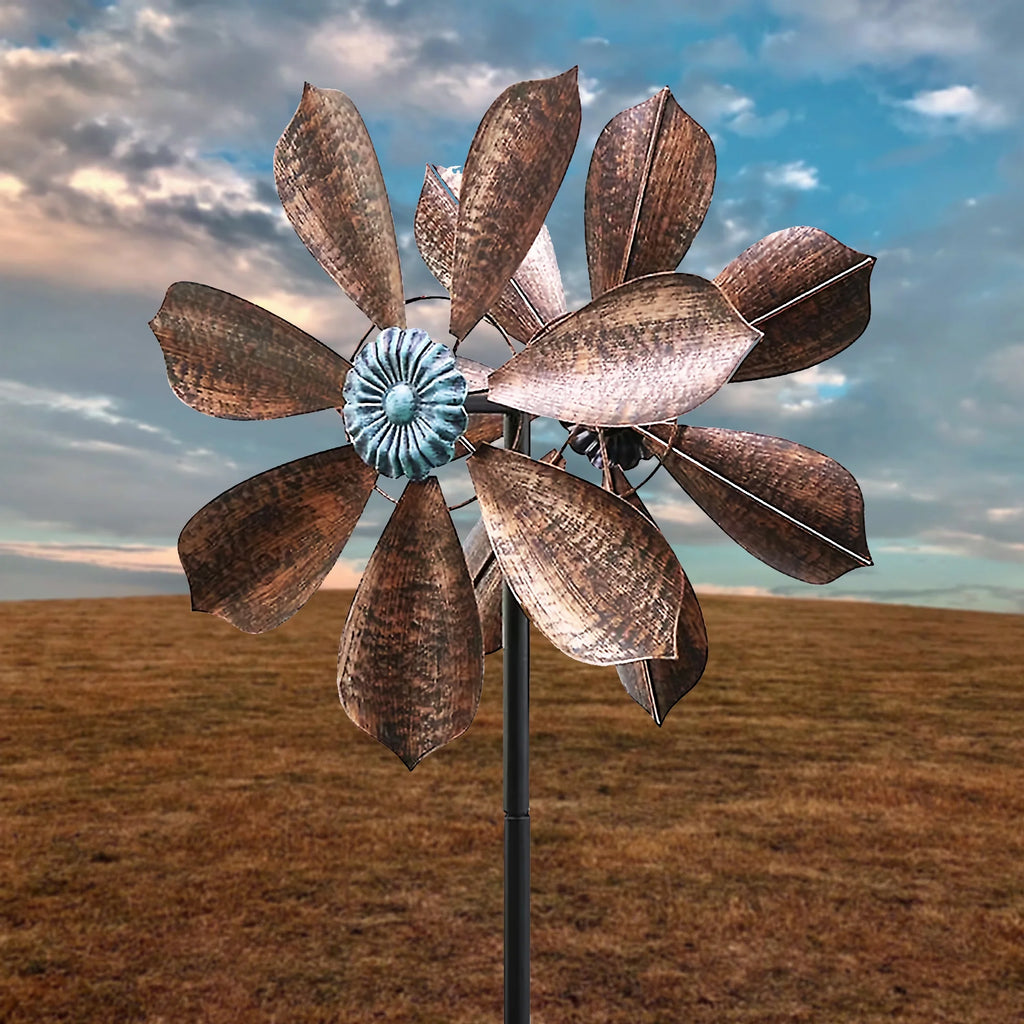 60 inch Metal Wind Spinner with Bronze Leaves and Blue Flower Core O61637