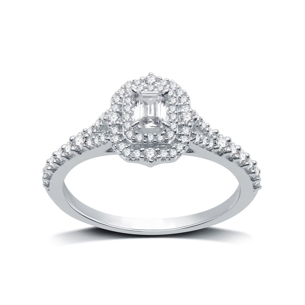 Emerald Shape Solitaire Halo Engagement Ring in Sterling Silver W316
