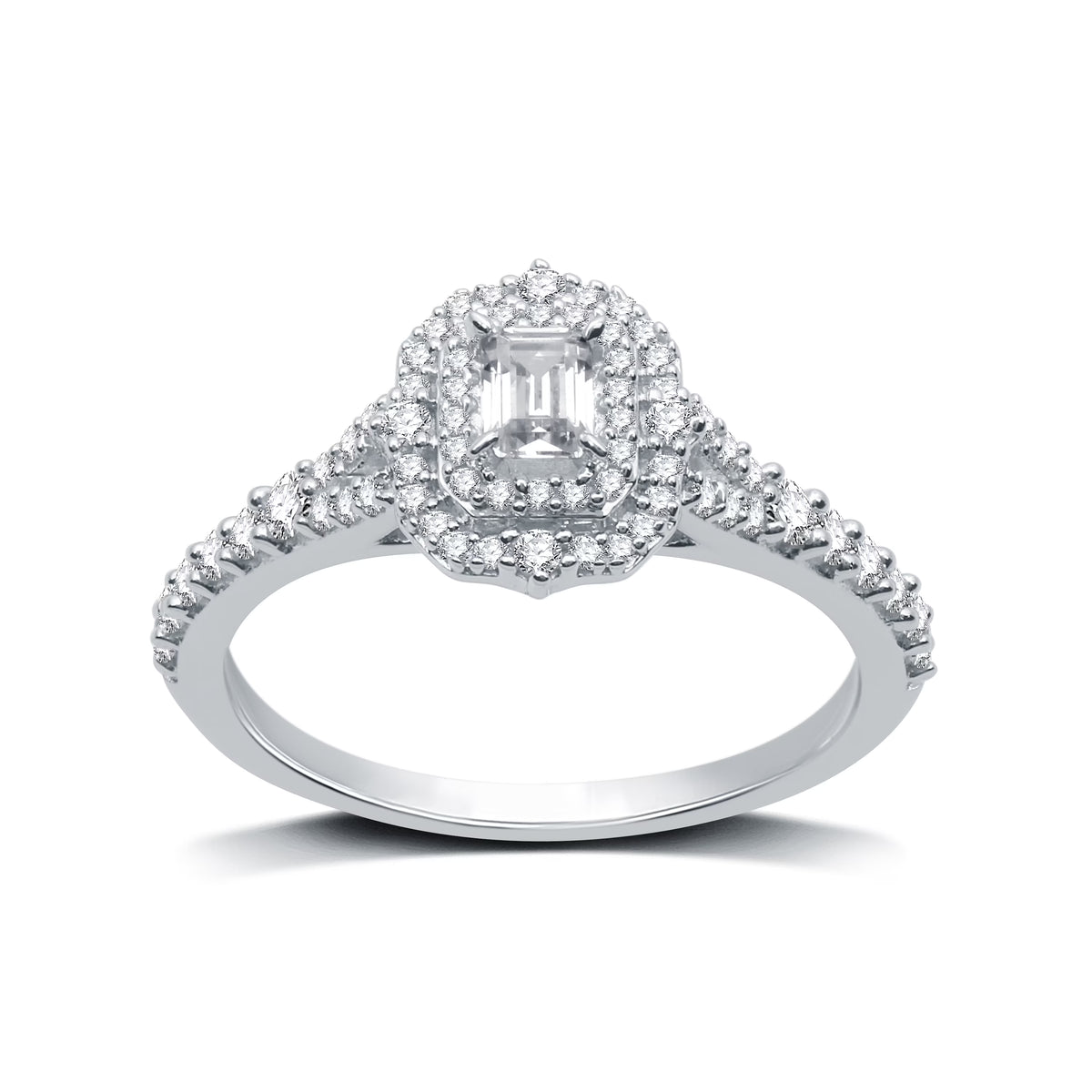 Emerald Shape Solitaire Halo Engagement Ring in Sterling Silver W316