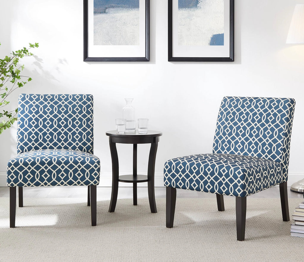 3pc Blue Fabric Upholstered Side Table and 2 Chairs G8487