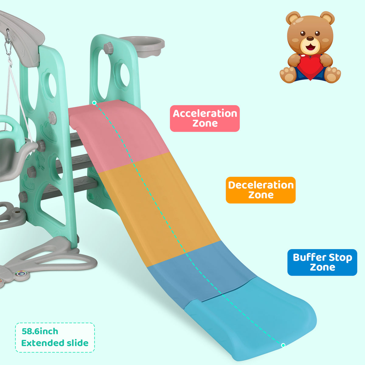 4 in 1 Kids Slide and Swing Set Toddler Play Climber with Basketball Hoop Indoor Outdoor Playground Q574999