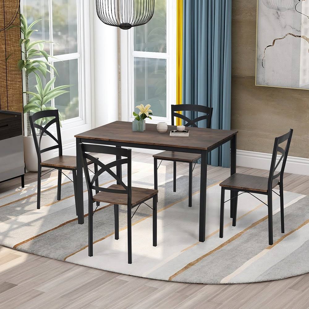 5 Piece Industrial Wooden Dining Set with Metal Frame and 4 Chairs S257