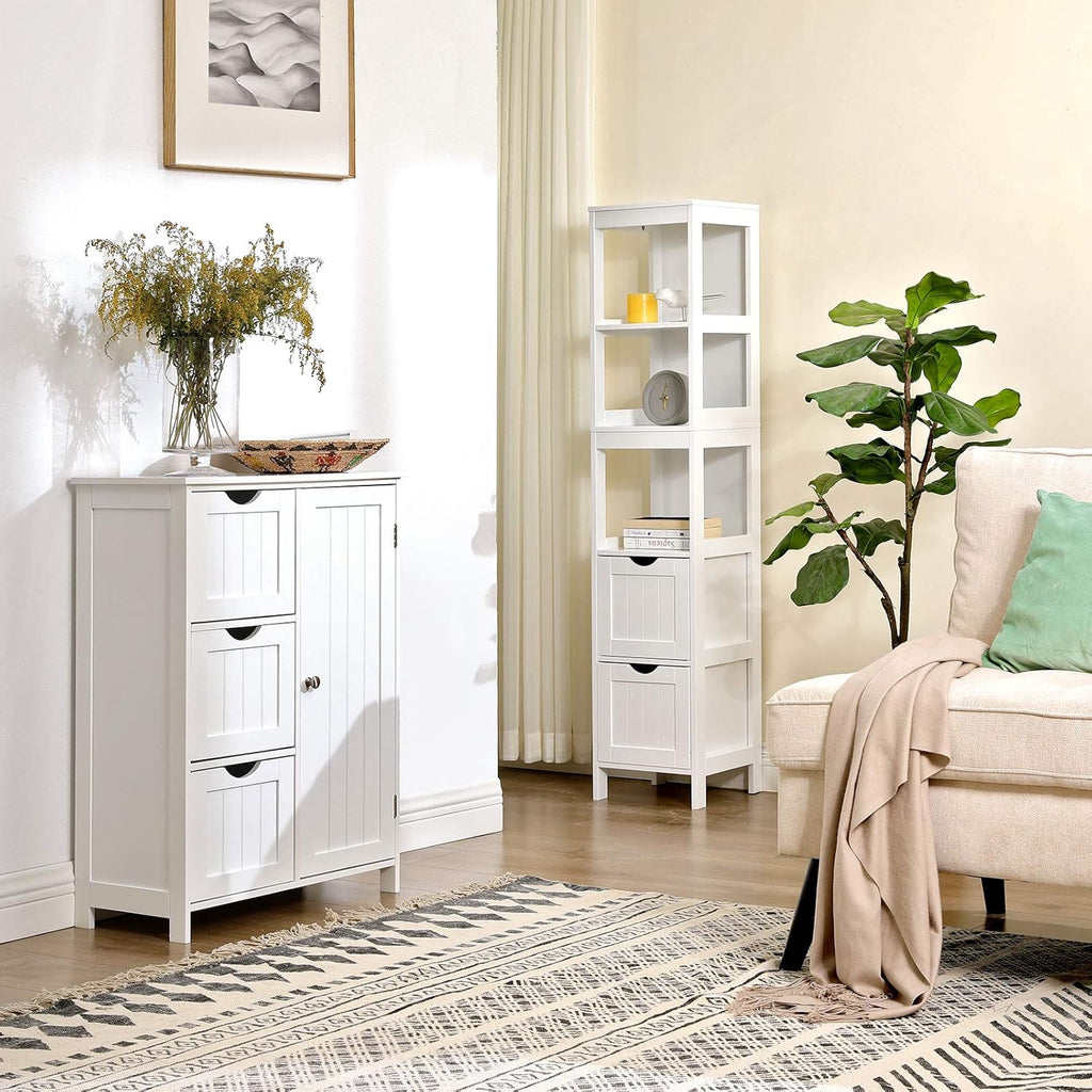 White Tall Cabinet with 2 Drawers and 3 Open Shelves A145