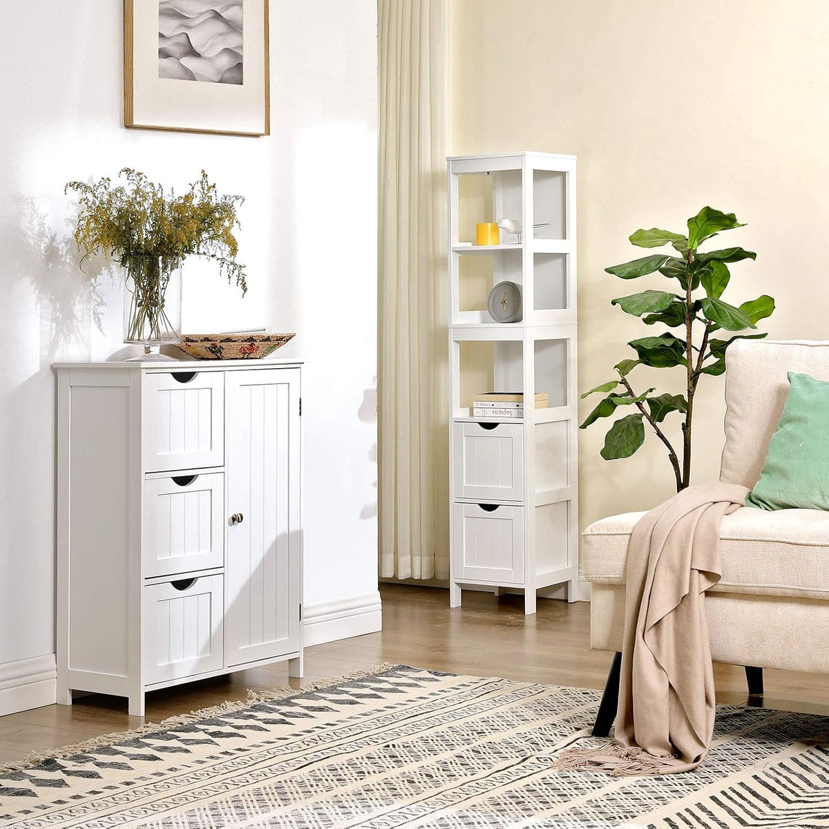 White Tall Cabinet with 2 Drawers and 3 Open Shelves A145
