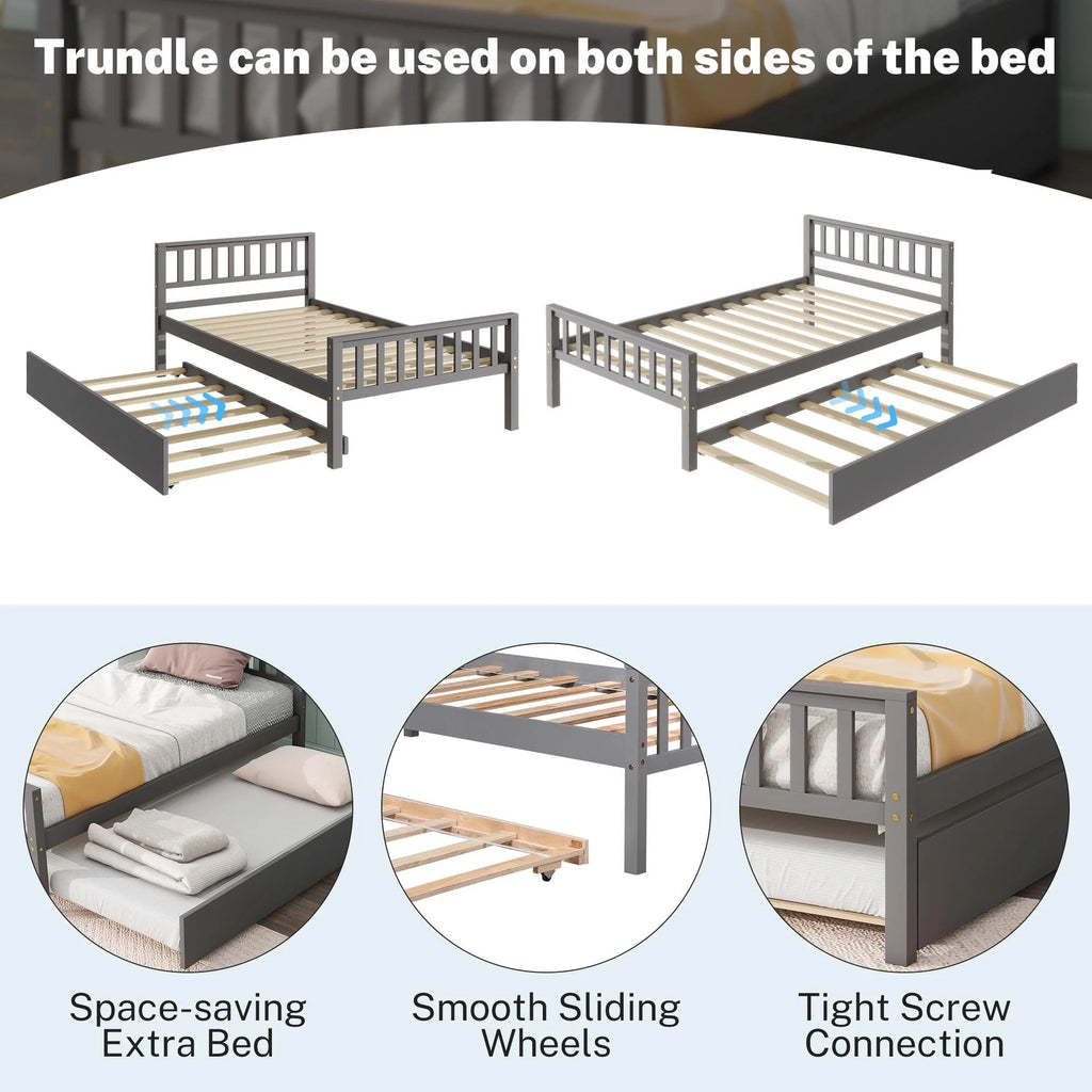 Gray Twin Size Wood Platform Bed with Trundle N3634