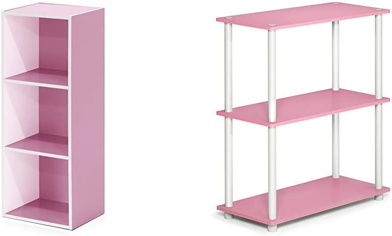 3-Tier Open Shelf Bookcase, White/Pink & 3-Tier Display Rack, Pink/White U991692