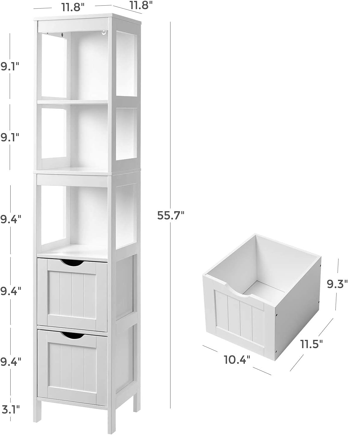 White Tall Cabinet with 2 Drawers and 3 Open Shelves A145