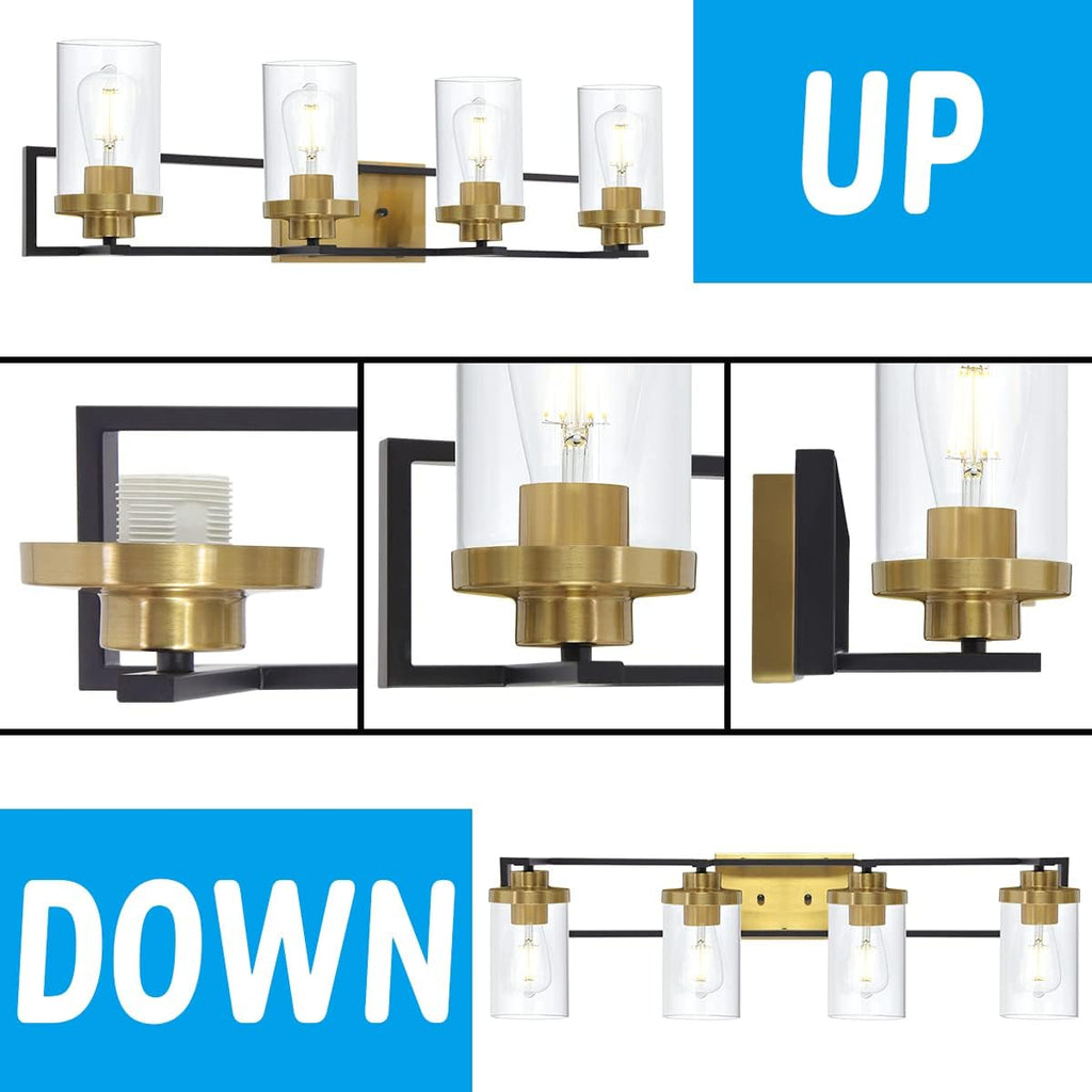 4 Light Brushed Brass and Black Metal Vanity Light with Clear Glass Shade C59513