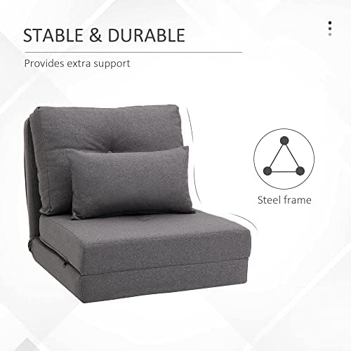 Convertible Flip Chair Floor Lazy Sofa Folding Upholstered Couch Bed with Adjustable Backrest Metal Frame and Pillows Dark Grey E81073