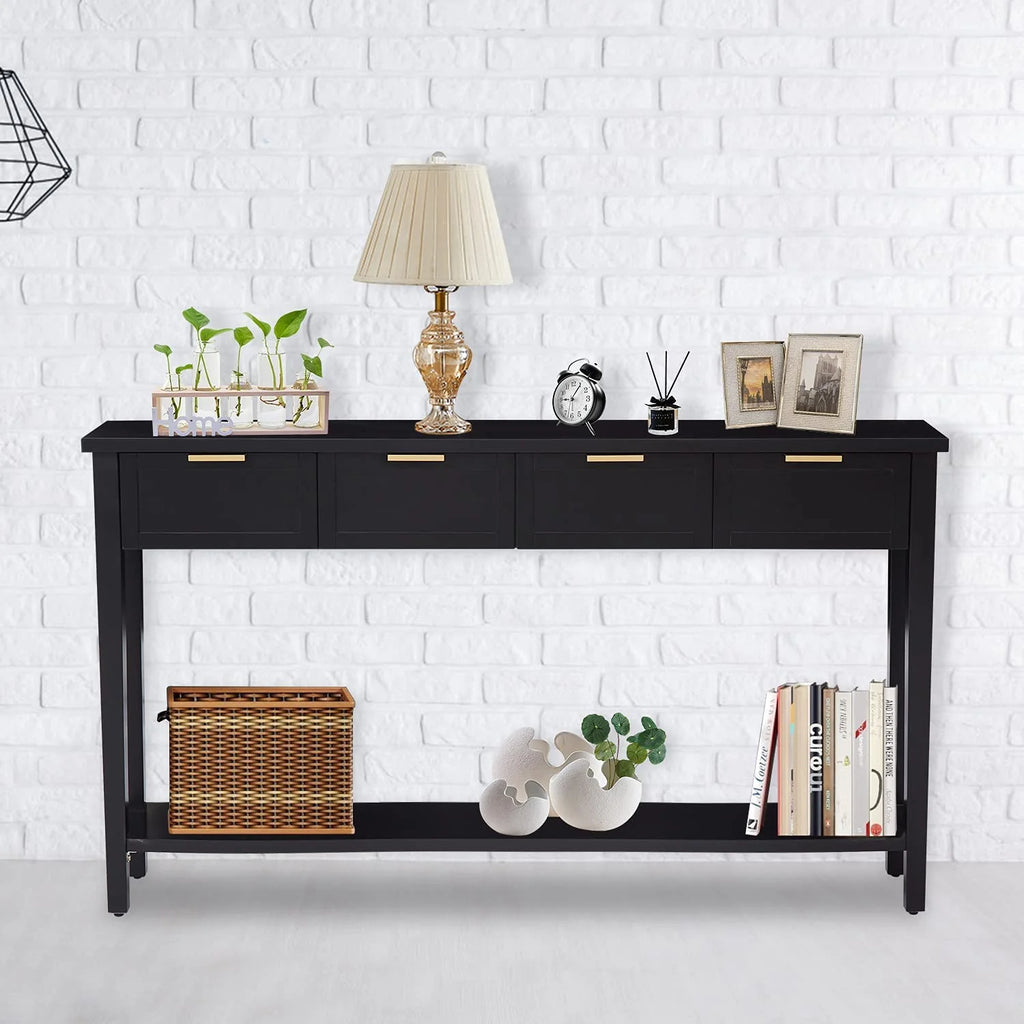 Modern Long Console Table, 2-Tier Sofa Table, Bright Black Finishing V8773