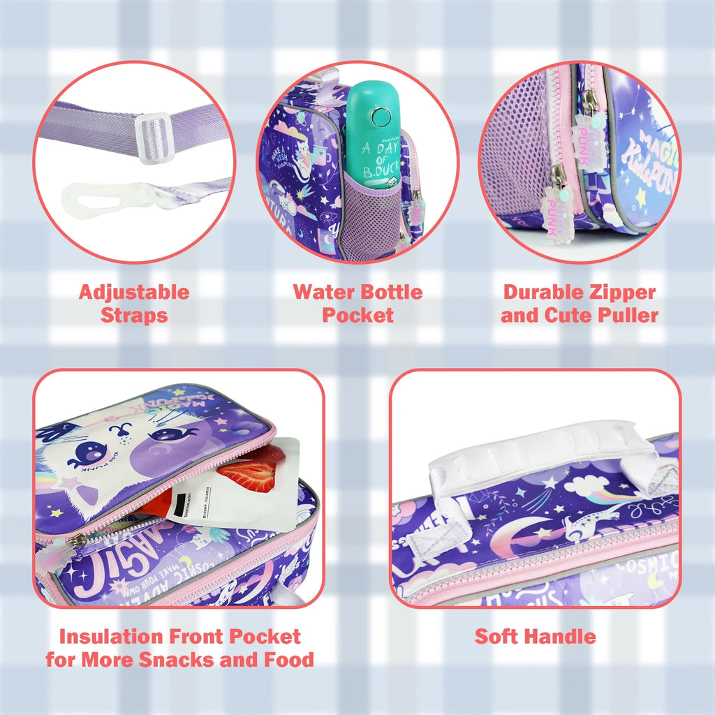 Insulated Lunch Bag for Girls School Cute Cat Waterproof with Adjustable Strap G143