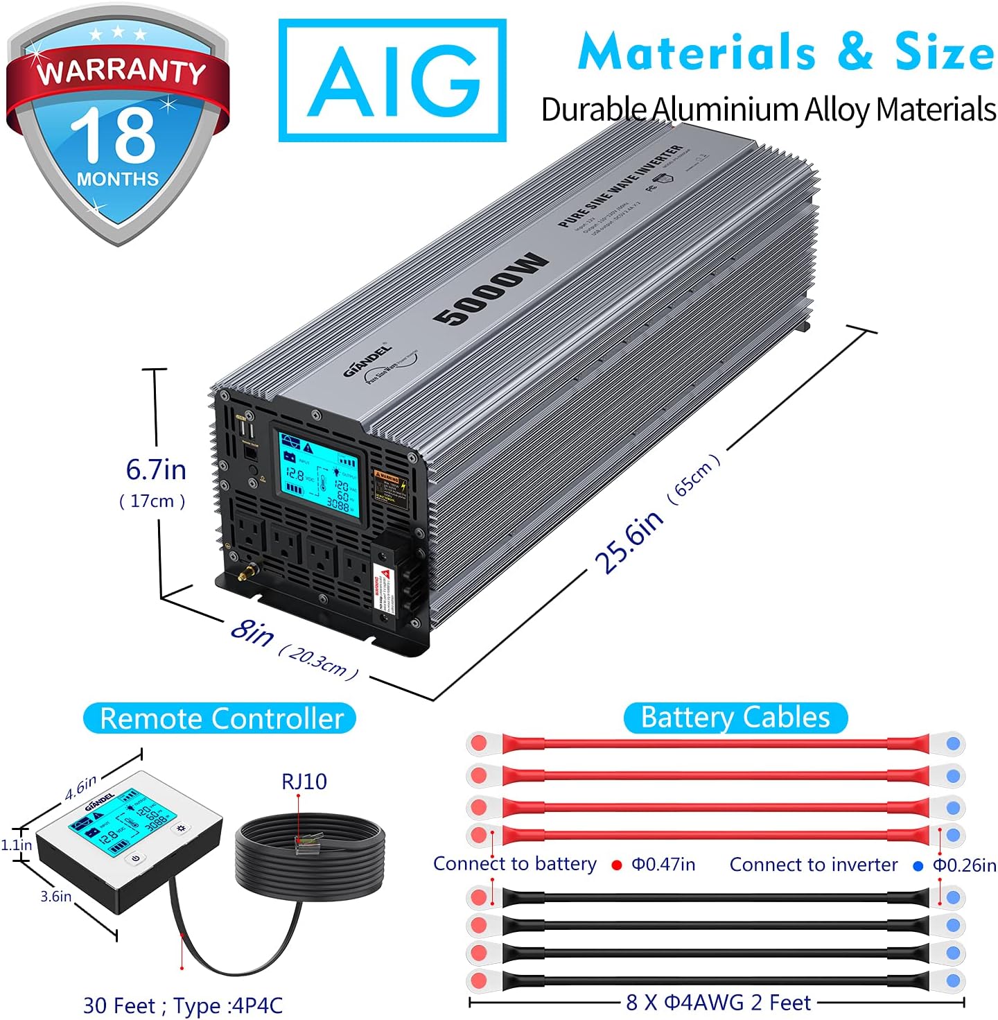 Pure Sine Wave Power Inverter 5000 Watt DC 12 Volt to AC 120 Volt with Hard Wire Terminals & LCD Display L52057