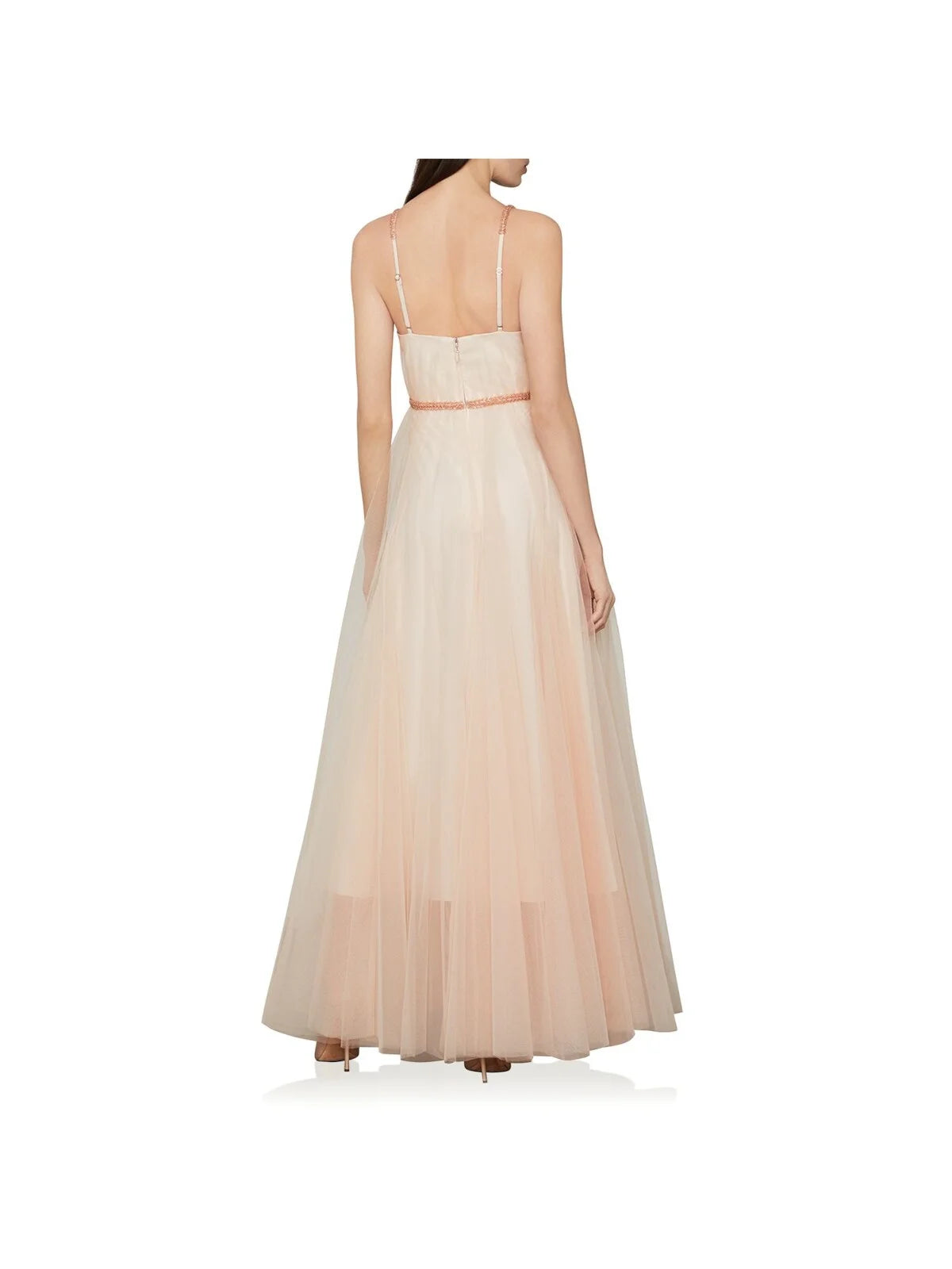 Pink Beaded Spaghetti Strap V Neck Full-Length Prom Gown Dress S2603