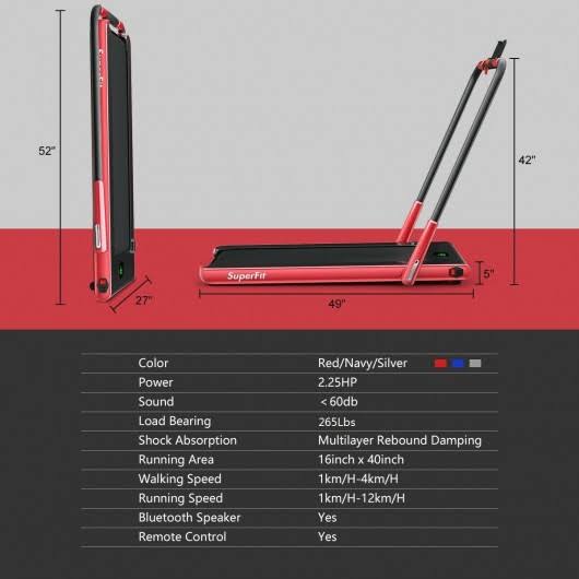 2-in-1 Folding Treadmill with Bluetooth Speaker LED Display Red E68721