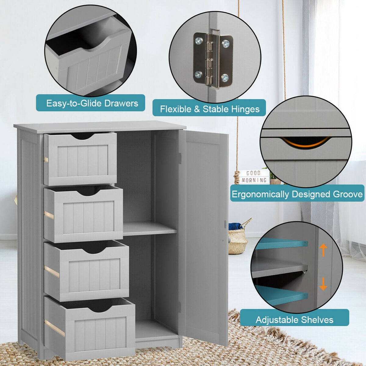 Grey Wooden 4 Drawer Bathroom Floor Cabinet E557
