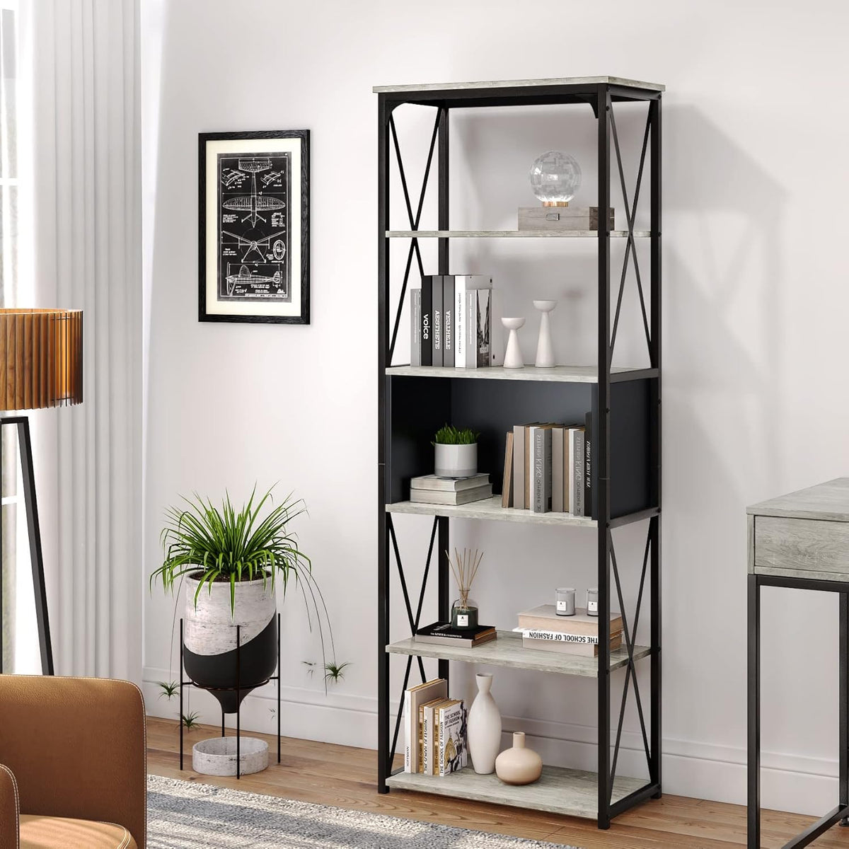 Rustic Brown and Black 5 Tier Bookshelf P570