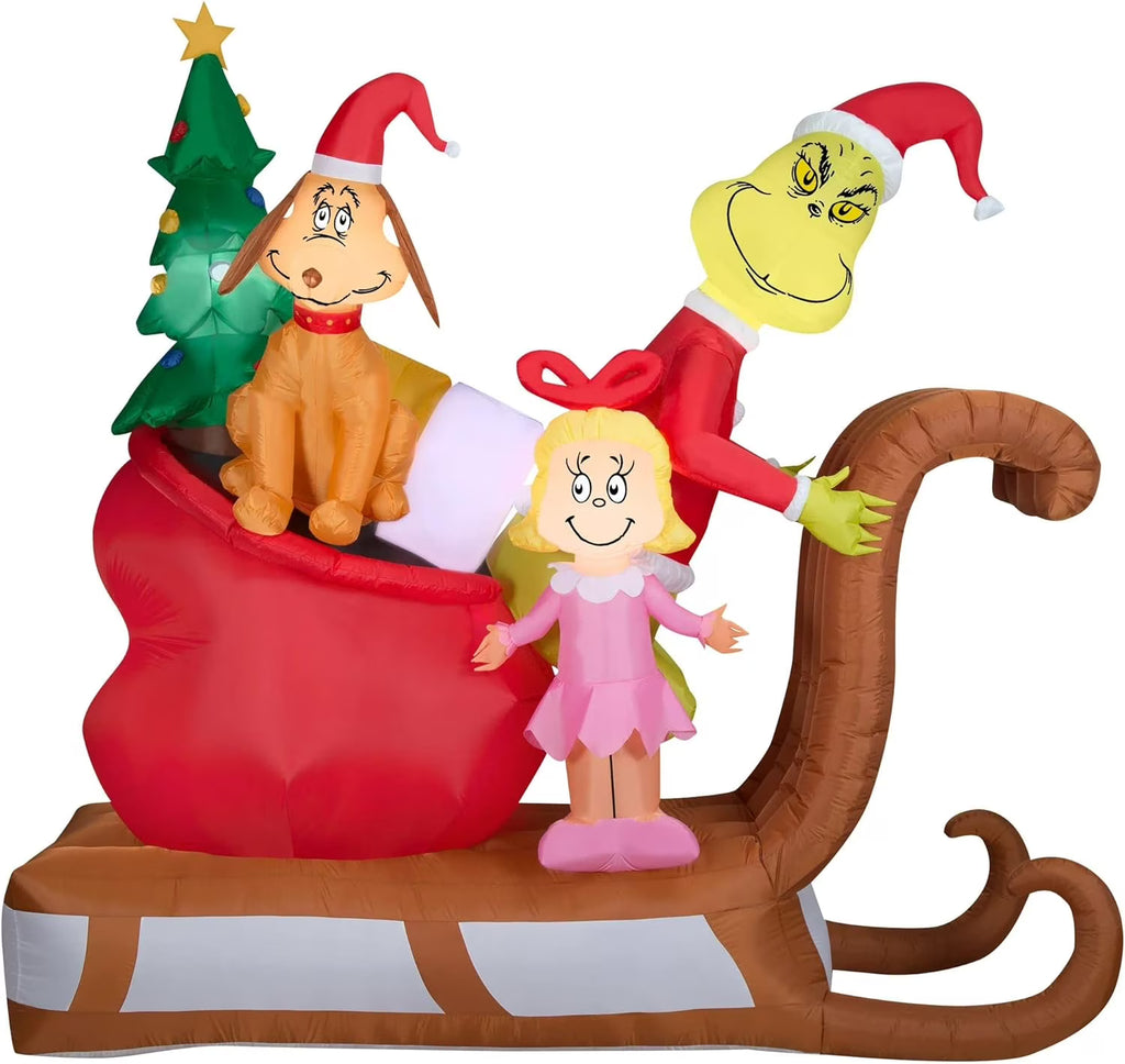 Grinch with Max and Cindy Lou on Sleigh Christmas Inflatable Q414