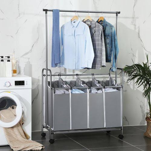Gray 4-Bag Rolling Laundry Sorter with Hanging Bar B923025