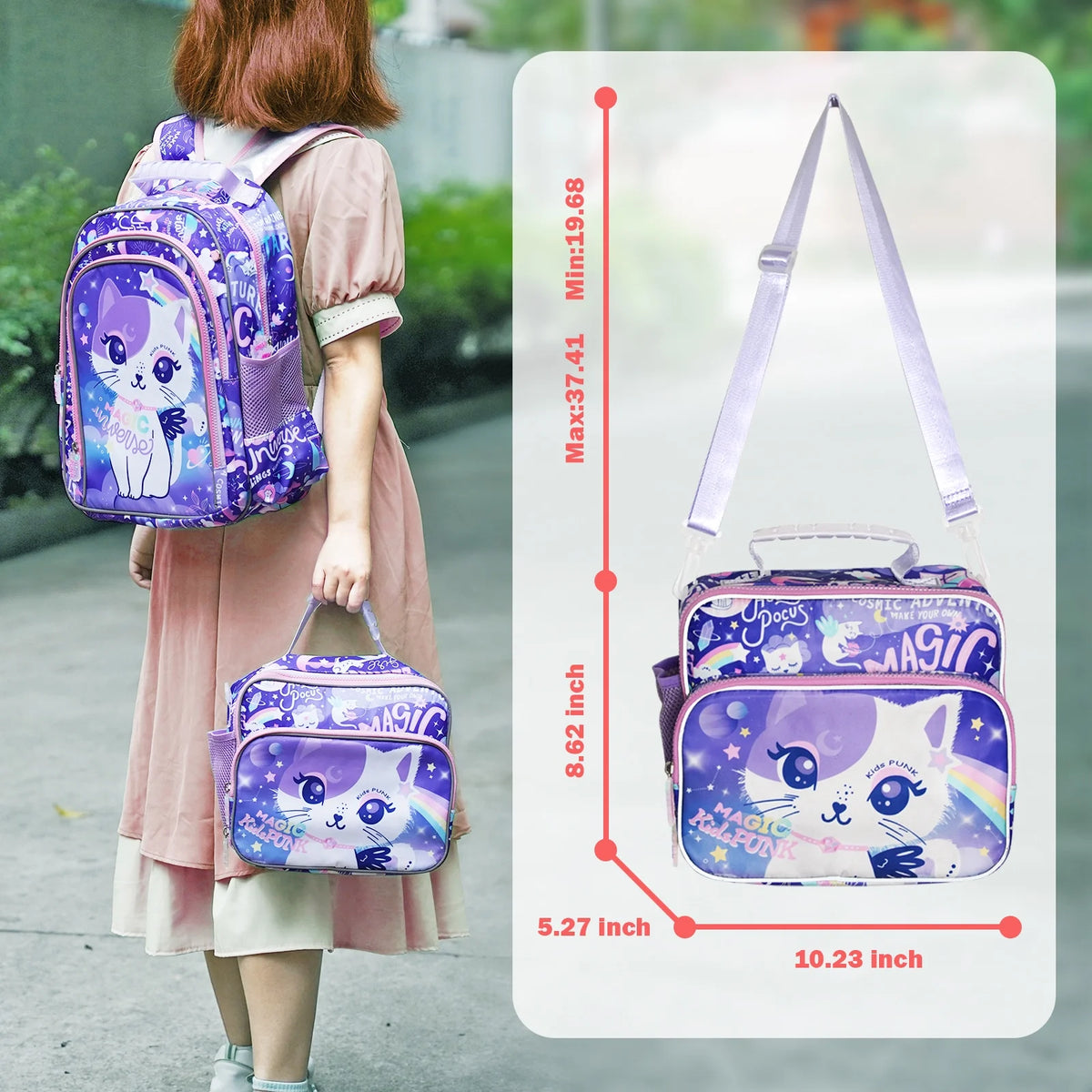 Insulated Lunch Bag for Girls School Cute Cat Waterproof with Adjustable Strap G143