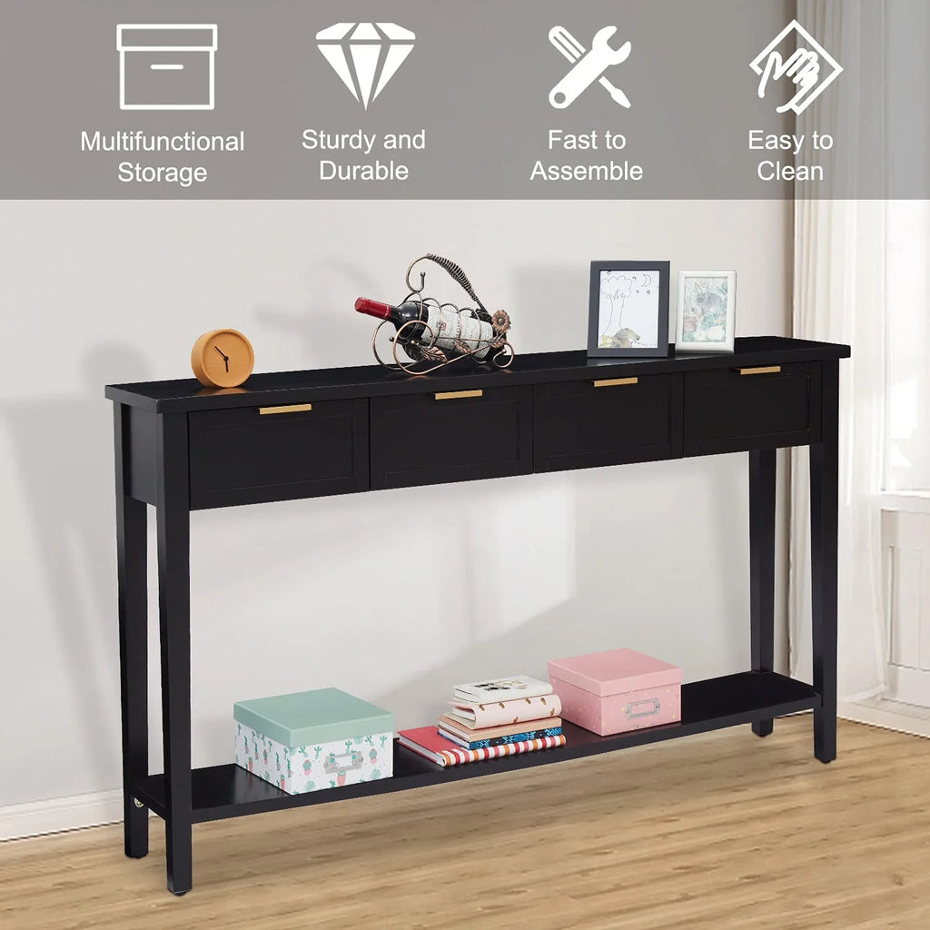Modern Long Console Table, 2-Tier Sofa Table, Bright Black Finishing V8773