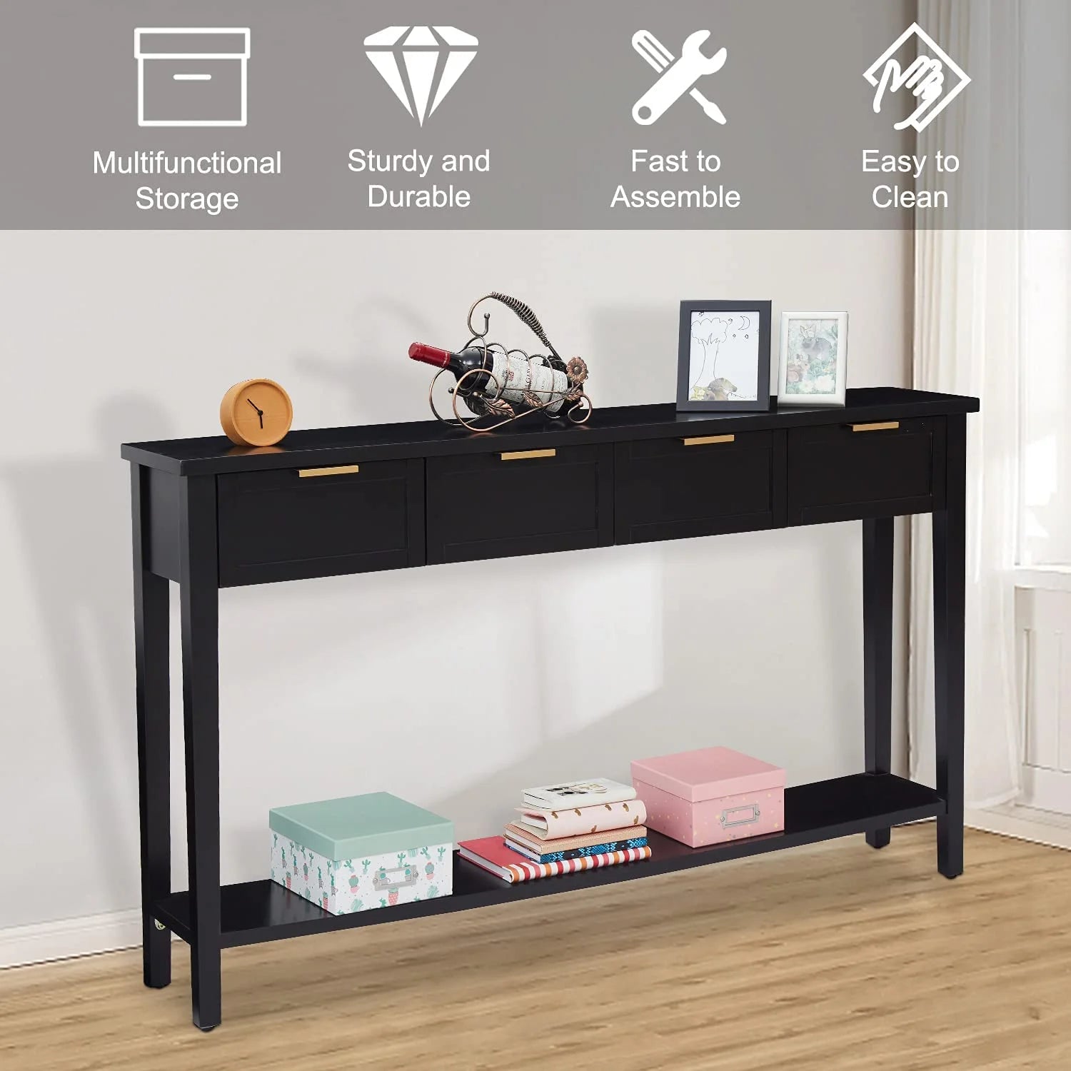 Modern Long Console Table, 2-Tier Sofa Table, Bright Black Finishing V8773