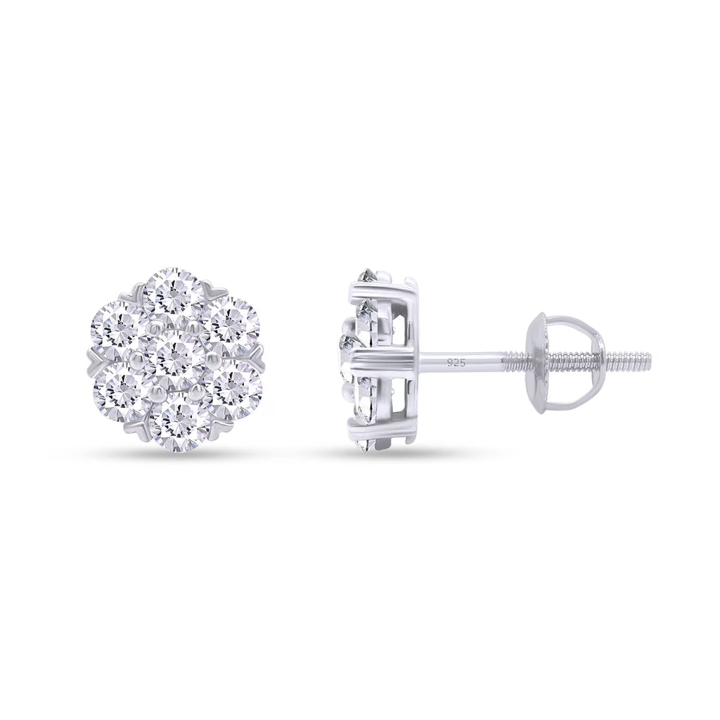 1 Carat Round Cut Lab Created Moissanite Flower Cluster Stud Earrings In 14K White Gold Over Sterling Silver With Screw Back K437665