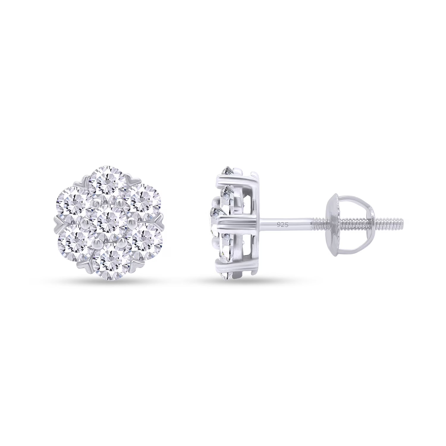 1 Carat Round Cut Lab Created Moissanite Flower Cluster Stud Earrings In 14K White Gold Over Sterling Silver With Screw Back K437665