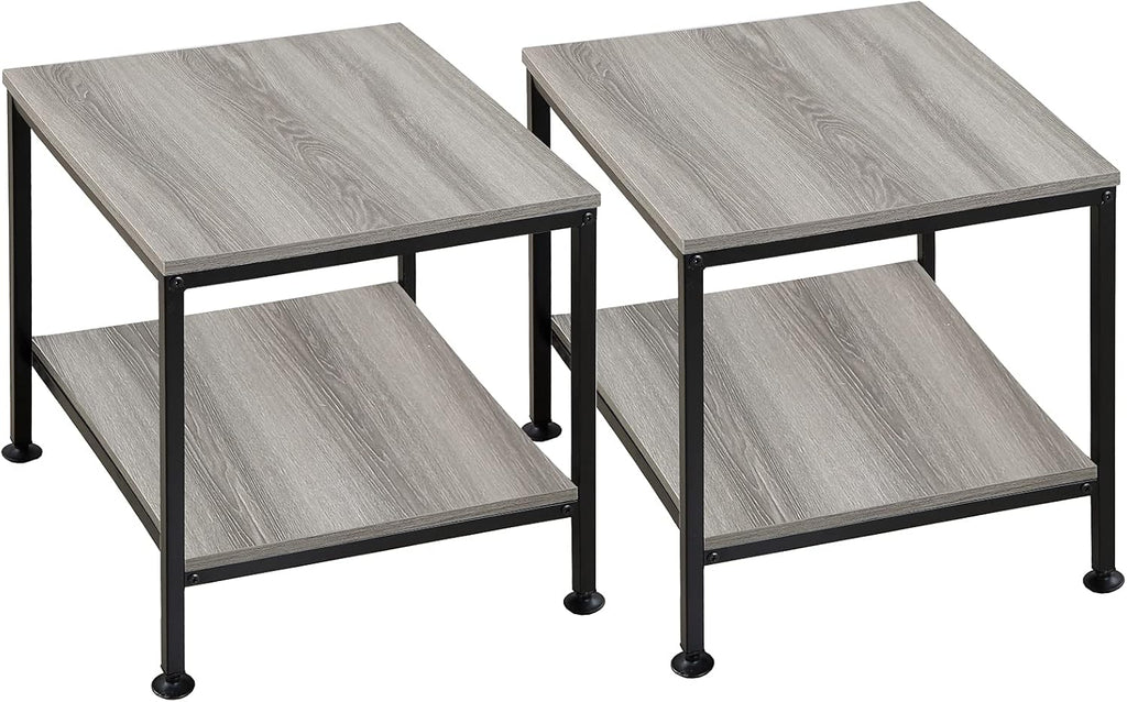 Rustic Brown 2 Tiers Square End Table with Metal Frame, Set of 2 U842