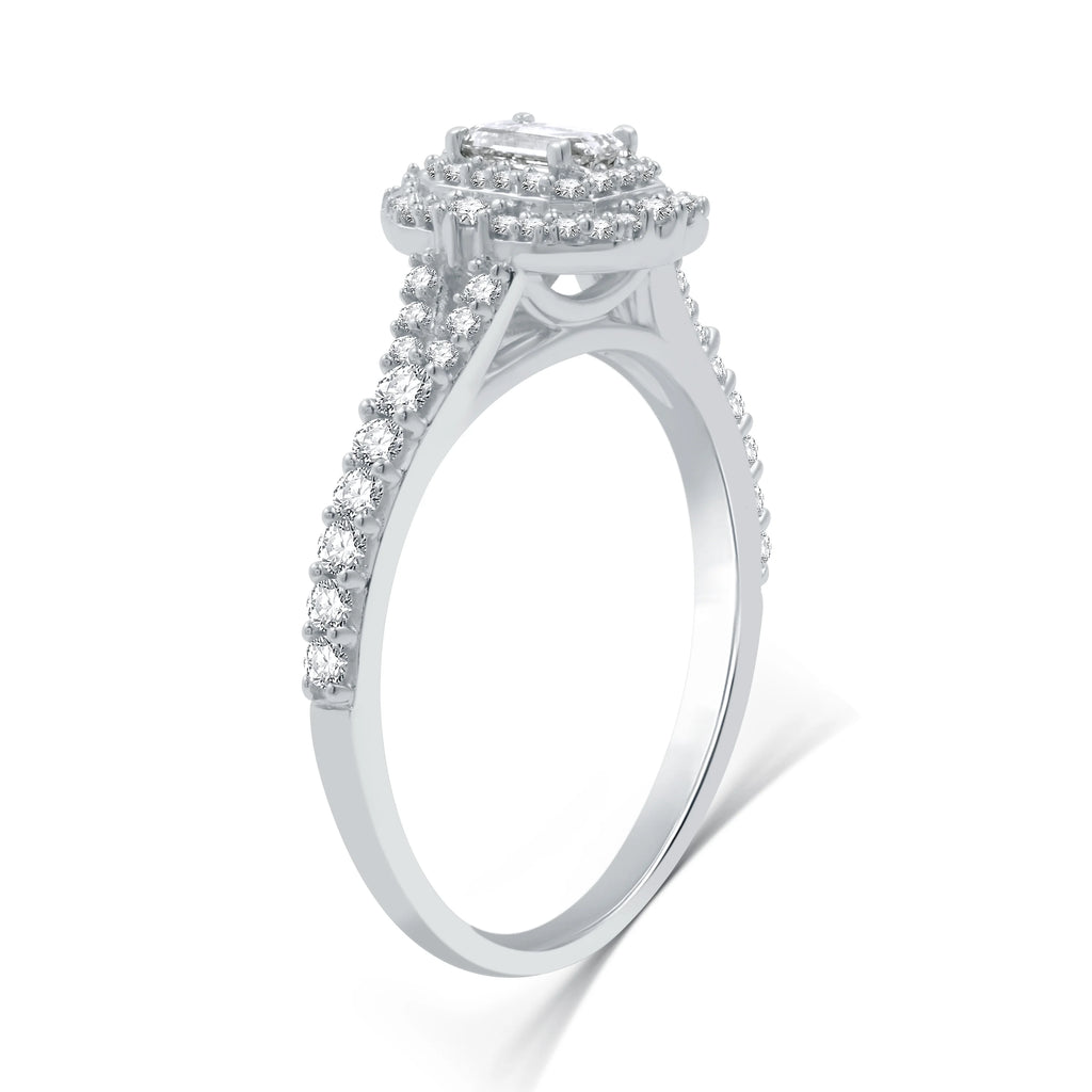 Emerald Shape Solitaire Halo Engagement Ring in Sterling Silver W316