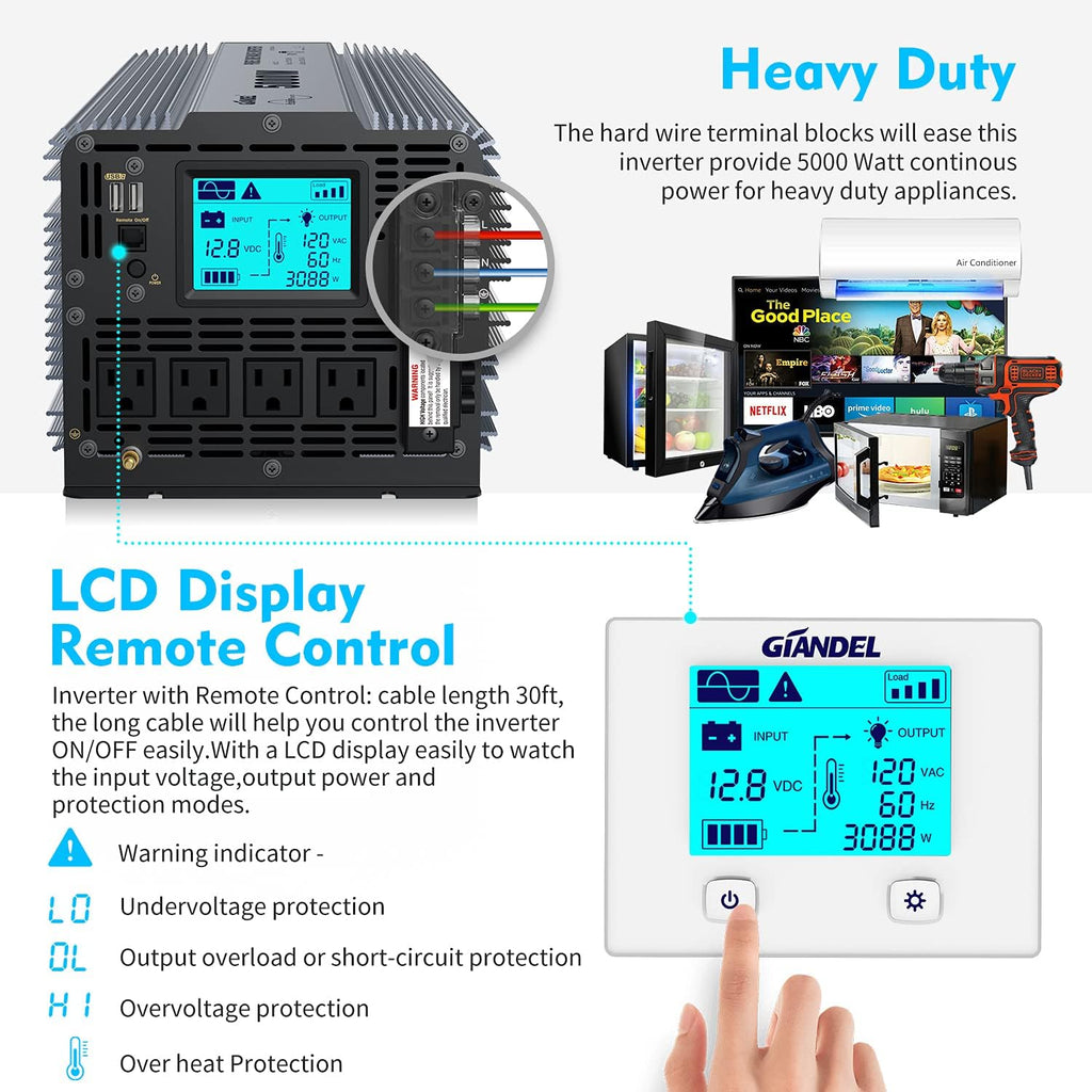 Pure Sine Wave Power Inverter 5000 Watt DC 12 Volt to AC 120 Volt with Hard Wire Terminals & LCD Display L52057