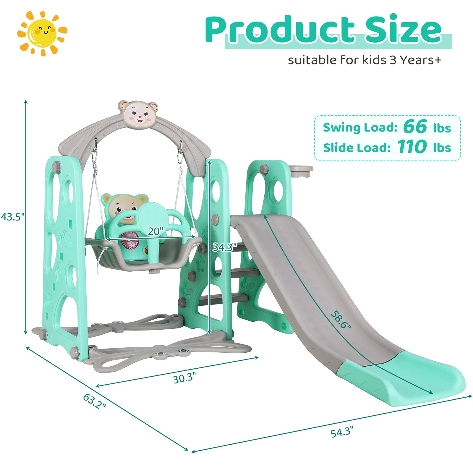4 in 1 Kids Slide and Swing Set Toddler Play Climber with Basketball Hoop Indoor Outdoor Playground Q574999