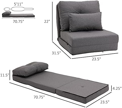 Convertible Flip Chair Floor Lazy Sofa Folding Upholstered Couch Bed with Adjustable Backrest Metal Frame and Pillows Dark Grey E81073