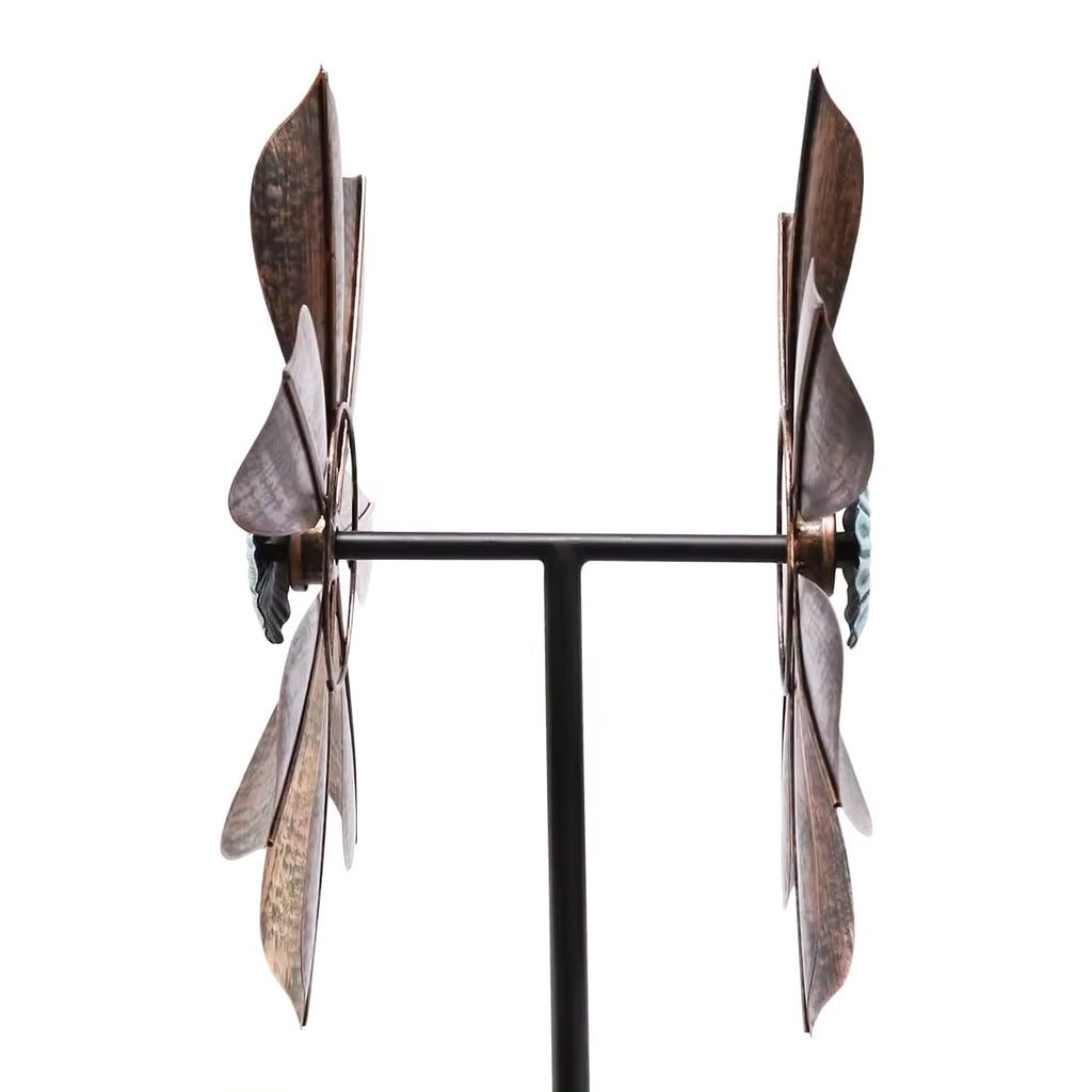 60 inch Metal Wind Spinner with Bronze Leaves and Blue Flower Core O61637