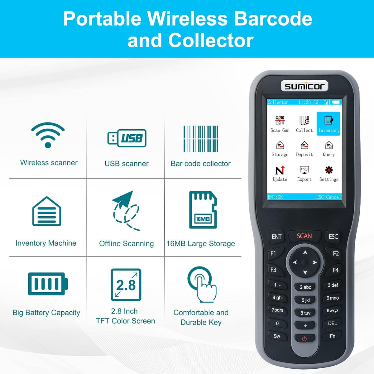 Wireless 2.4 Ghz Handheld Barcode Scanner with 2.8'' HD Screen I8347