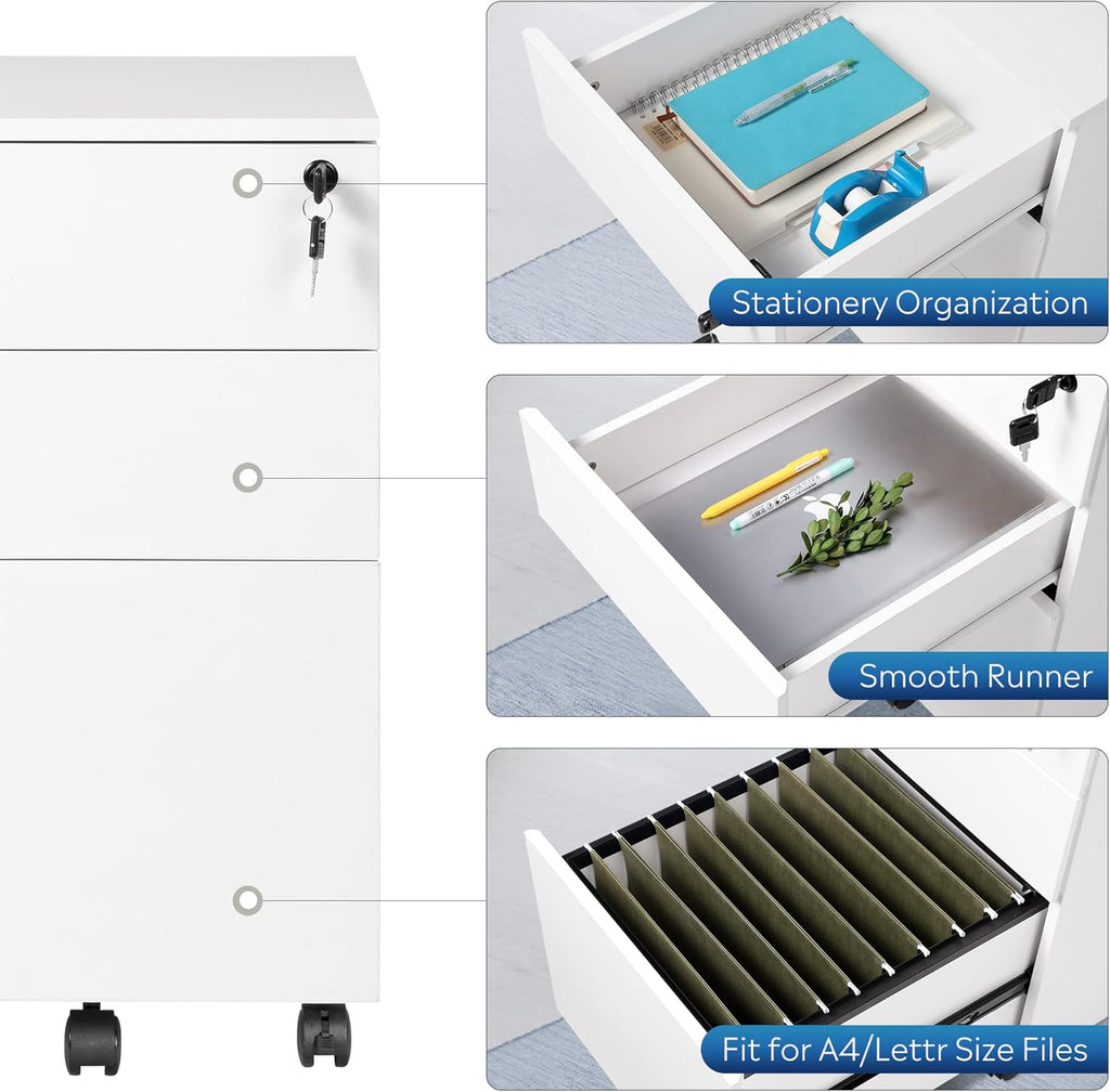 White 3 Drawer Rolling File Cabinet with Lock A38319