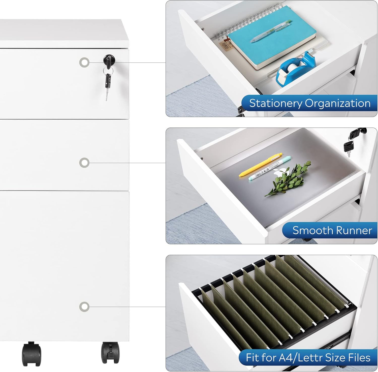 White 3 Drawer Rolling File Cabinet with Lock A38319