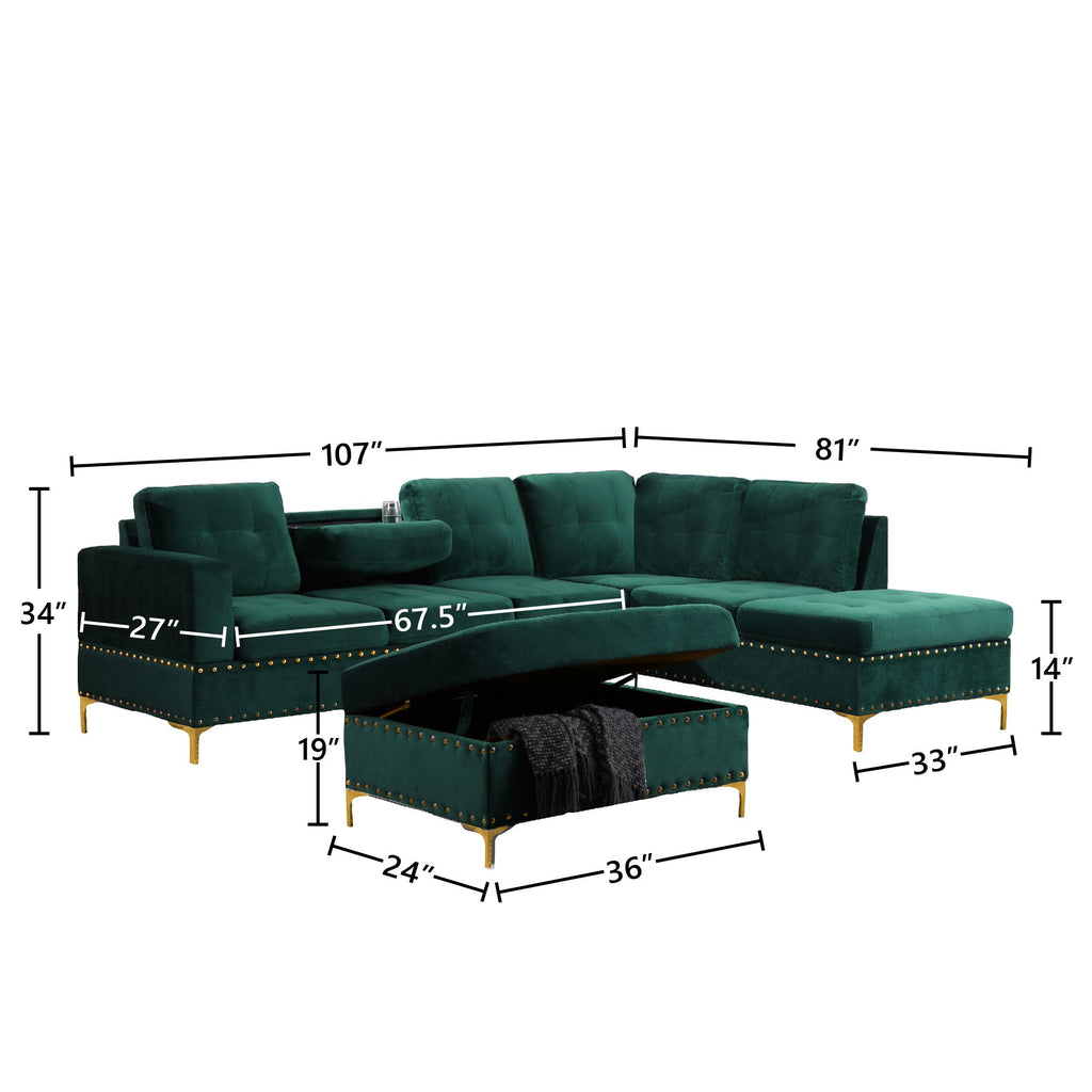 Velvet Reversible Sectional with Storage Ottoman D730648