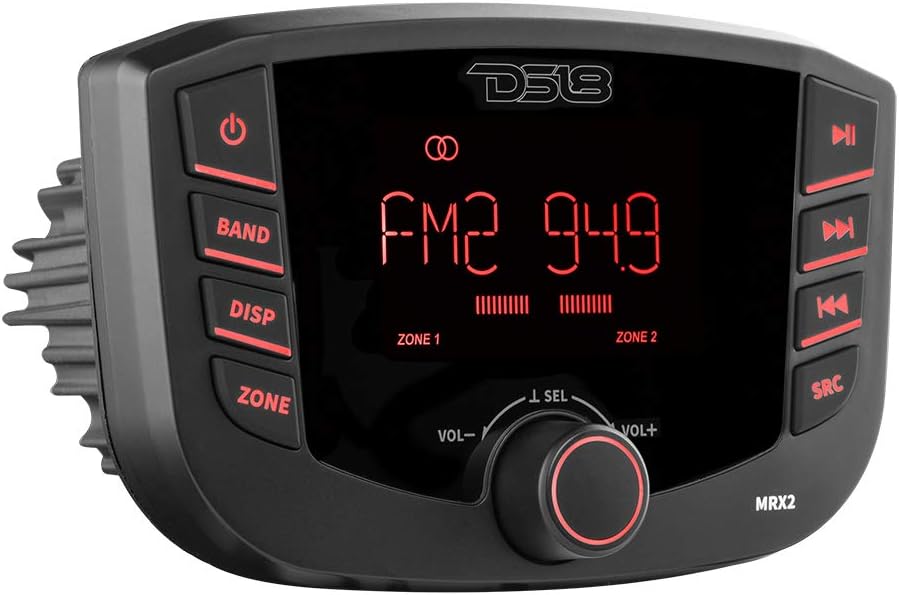 Marine and Powersports Headunit Media Center Receiver with AM/FM Radio, USB and Bluetooth, LCD Screen, 2 Zones, 4 Volts Output, 4X40 Watts R461847