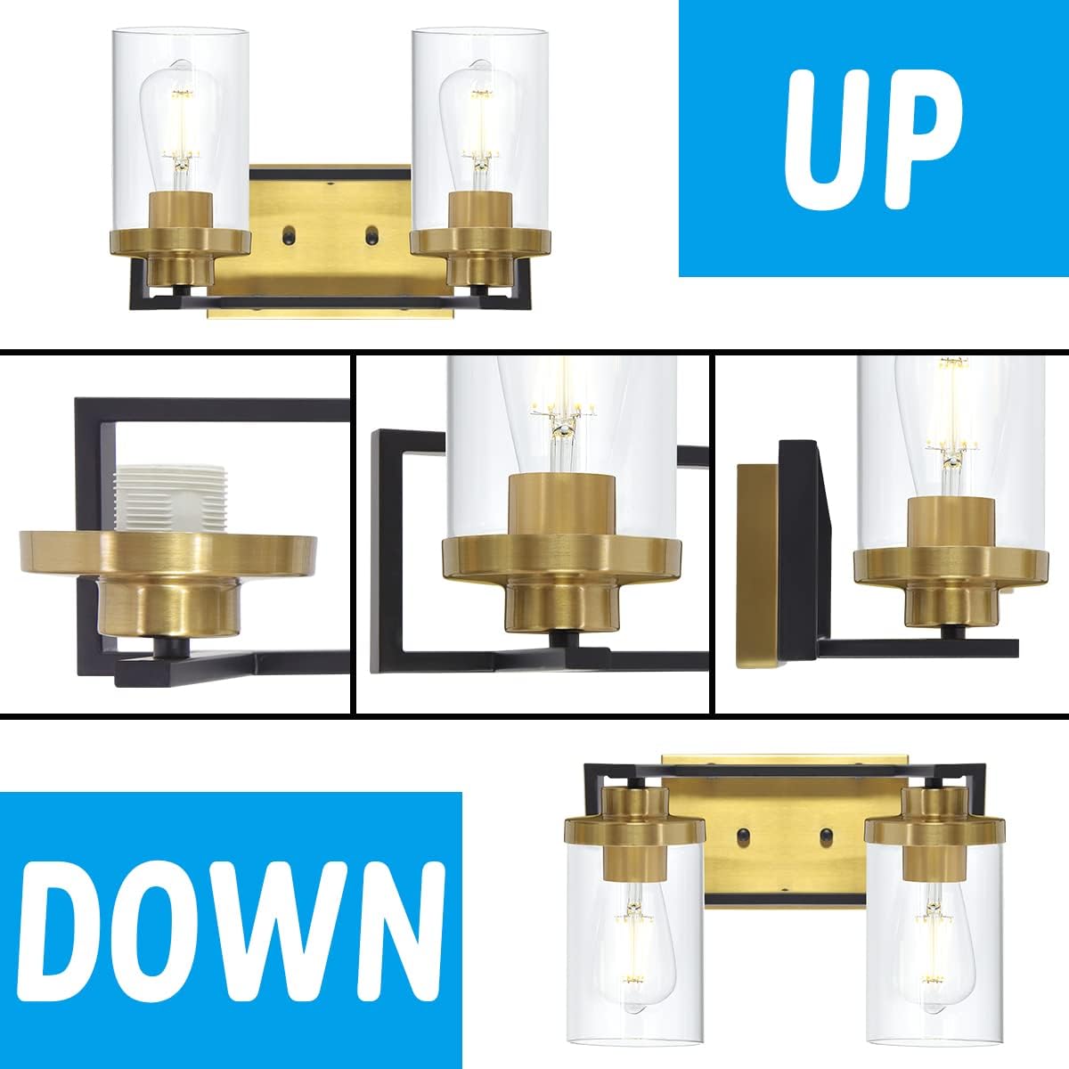 4 Light Brushed Brass and Black Metal Vanity Light with Clear Glass Shade C59513
