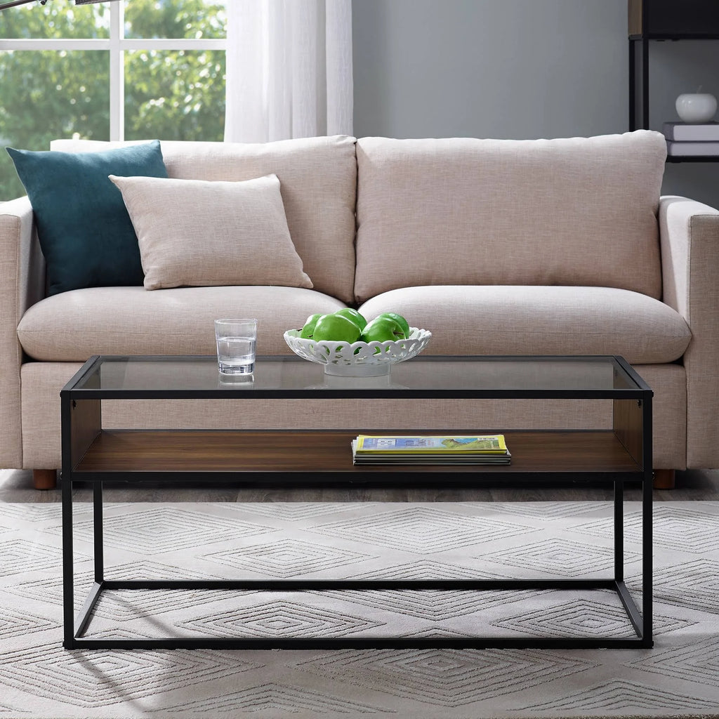 Metal and Glass Coffee Table with Open Shelf Dark Walnut X79002