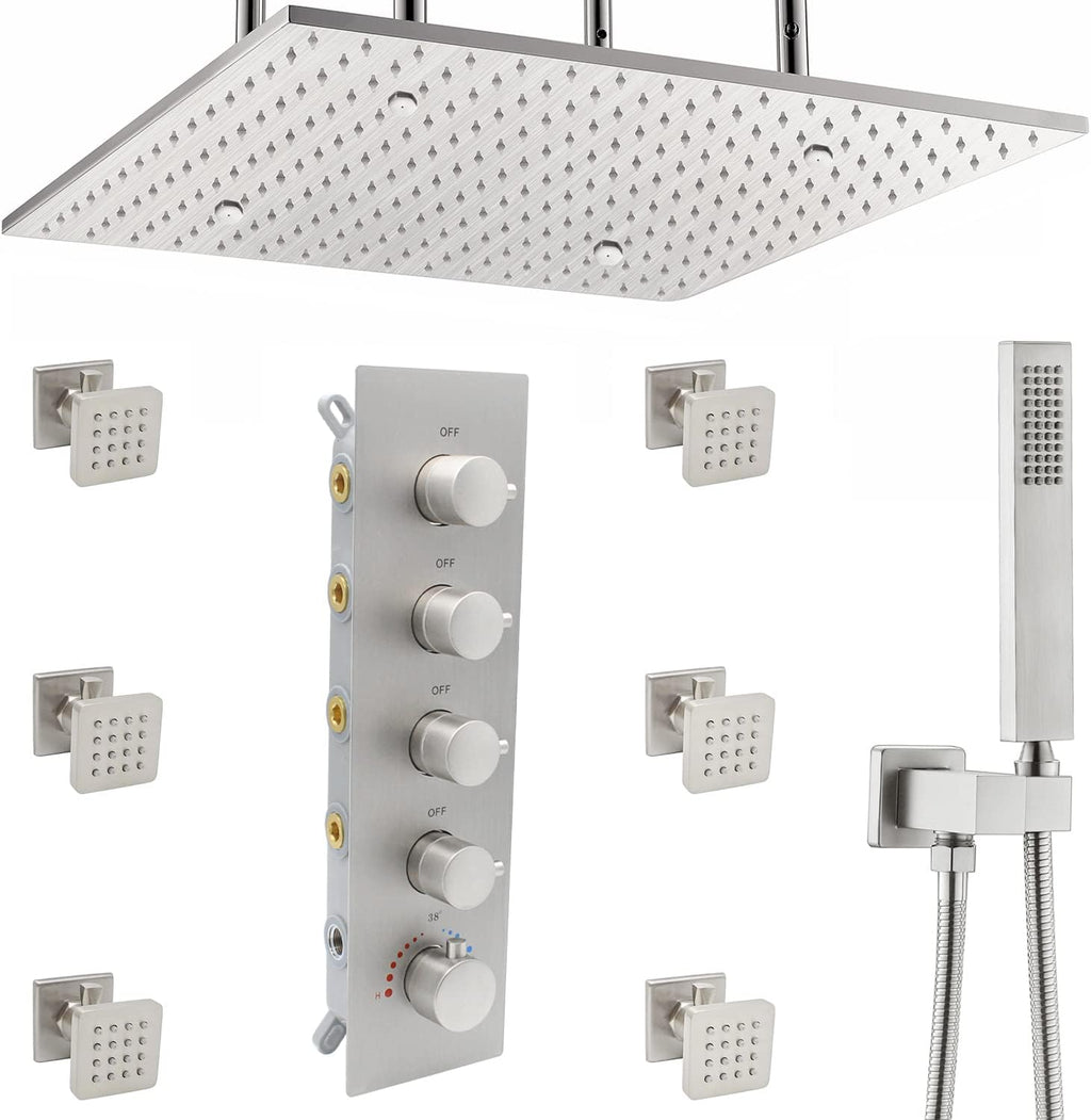 Brushed Gold Ceiling Mount Thermostatic Rain Shower System with Hand Shower J7308