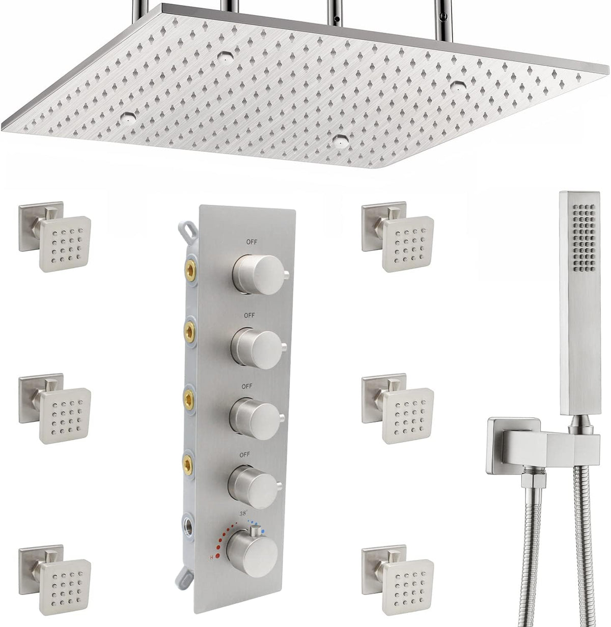 Brushed Gold Ceiling Mount Thermostatic Rain Shower System with Hand Shower J7308