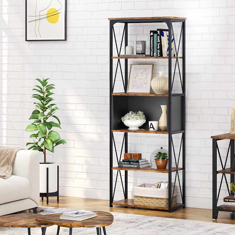 Rustic Brown and Black 5 Tier Bookshelf P570