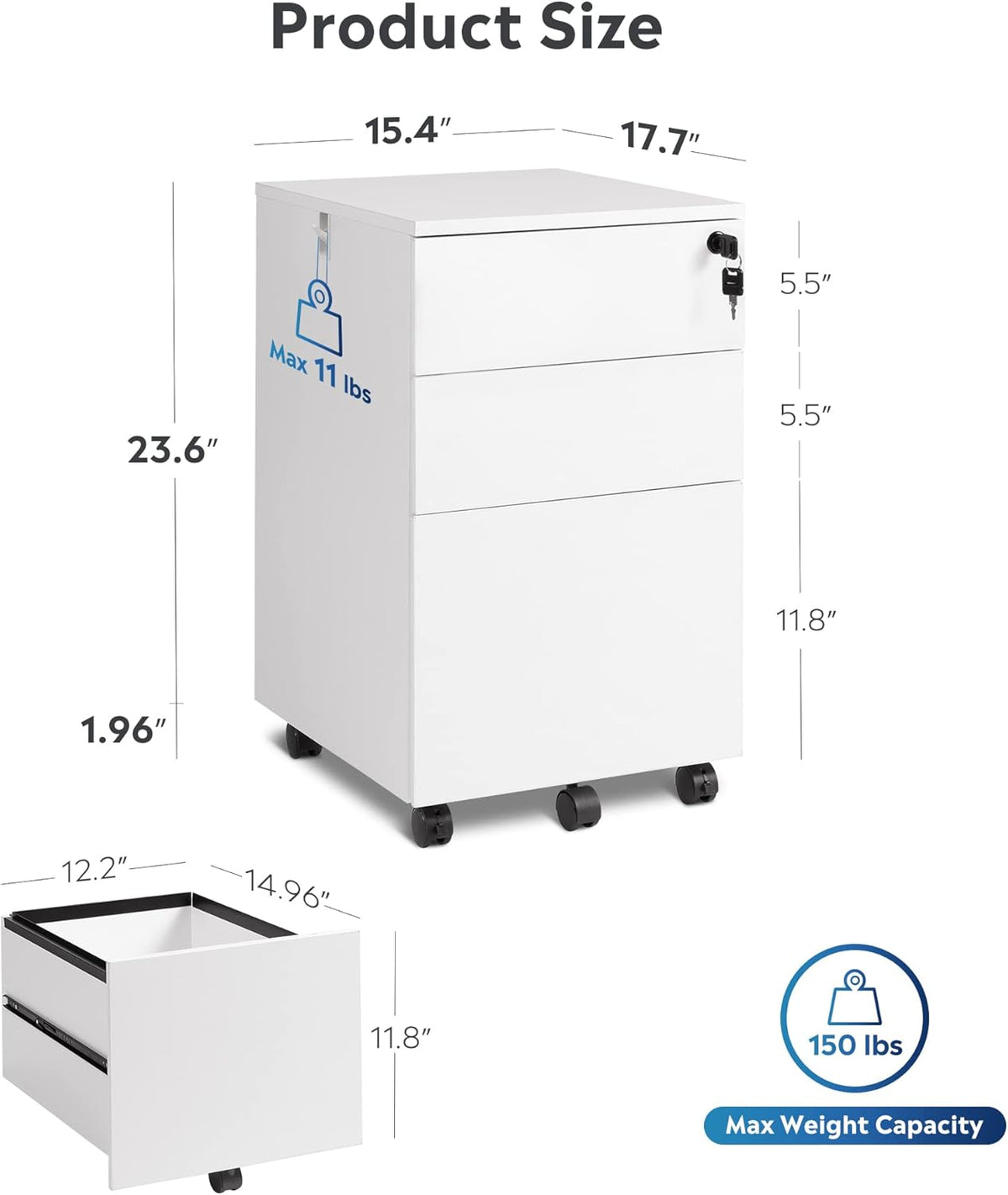 White 3 Drawer Rolling File Cabinet with Lock A38319